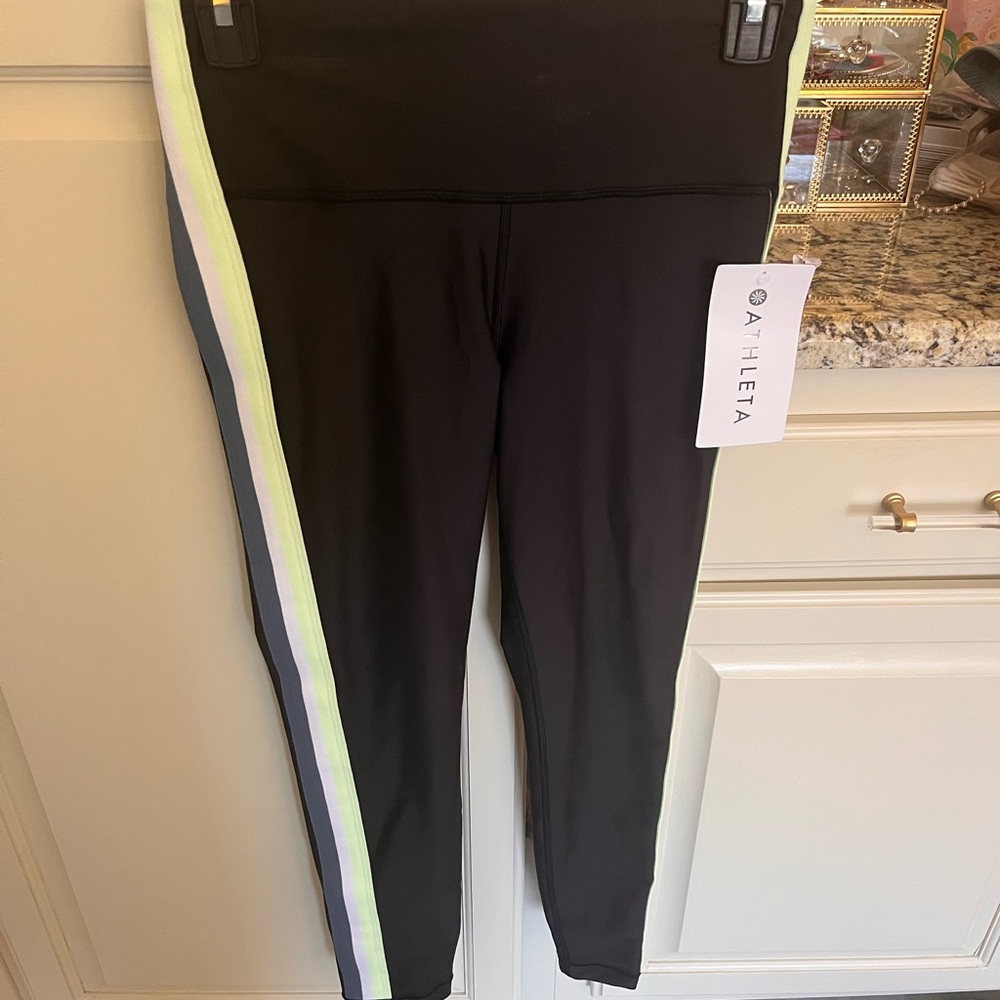 Athleta Black Leggings with Yellow Stripe